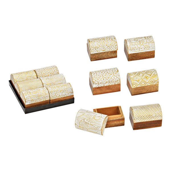 Joyero de madera de mango natural, blanco, 6 compartimentos, (An./Al./Pr.) 8 x 5 x 5 cm
