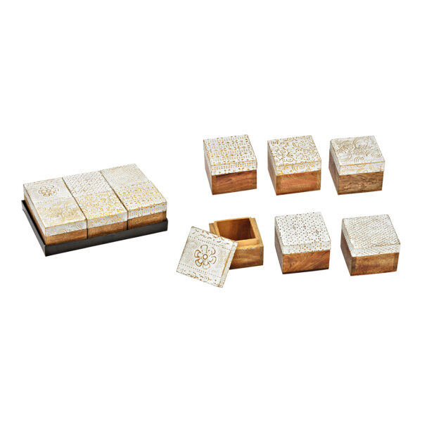Joyero de madera de mango natural, blanco, 6 compartimentos, (An./Al./Pr.) 6 x 5 x 6 cm