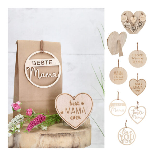Para colgar corazón, frases, mamá... de madera natural 6 surtido, (An/Al) 10x10cm