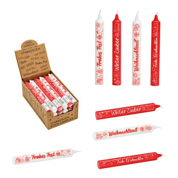 Velas con frase, motivo navideño, hechas de cera roja, blanca, 4 surtido, (ancho/alto/profundidad) 2x20x2cmvela roja + texto blanco 'Frohe Weihnachten'vela blanca + texto rojo 'Weihnachtszeit'vela roja + texto blanco 'Winter Zauber'vela blanca + texto rojo oscuro 'Fro