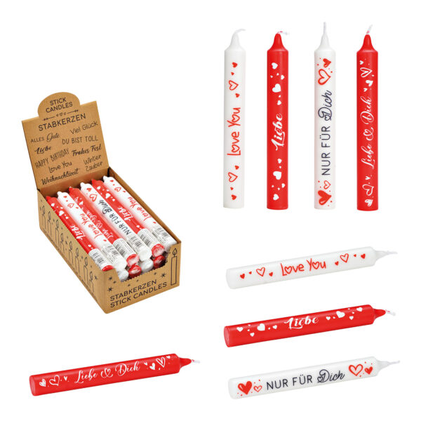 Velas con frase "Liebe", de cera roja y blanca, 4 velas (ancho x alto x profundidad) 2 x 20 x 2 cm2 velas rojas + frase blanca2 velas blancas + frase roja¡Solo para ti! Diseño de corazones de amorLove