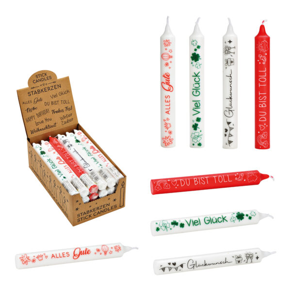 Velas con texto en cera blanca, 4 surtido, (ancho/alto/profundidad) 2x20x2cmvela blanca + texto verde 'Viel Glück + Kleelattvela blanca + texto azul 'Glückwunsch'vela roja + texto blanco 'Du bist toll!'vela blanca + texto rojo 'Alles Gute'