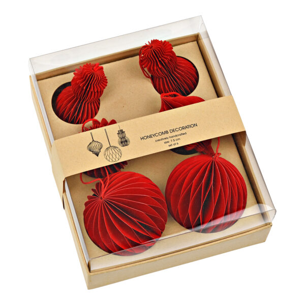 Para colgar de nido de abeja, rombo, bola, muñeco de nieve, juego de 6, de papel/cartón rojo, 3 surtido, (An./Al./Pr.) 24x8x15cm Ø8cm