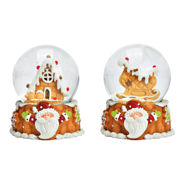 Bola de nieve en forma de trineo, casa con diseño de pan de jengibre, de poli, color cristal, 2 surtido, (ancho/alto/profundidad) 7 x 9 x 7 cm
