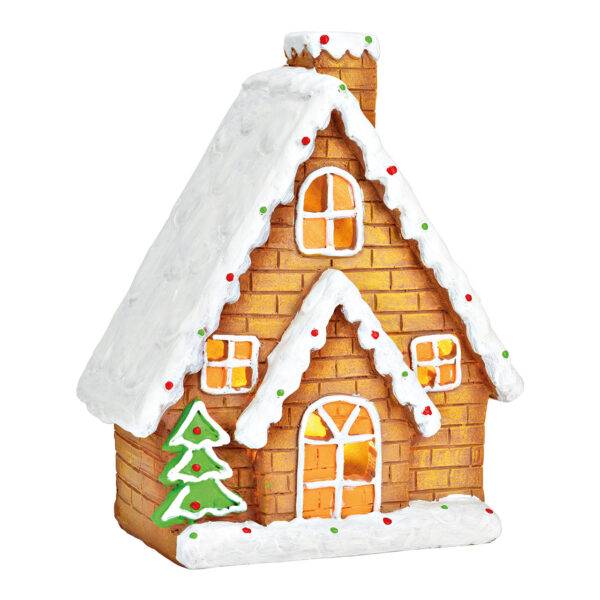 Casita de jengibre con LED de poli marrón (An./Al./Pr.) 19x23x11cm, funciona con pilas 3AAA exclusivas