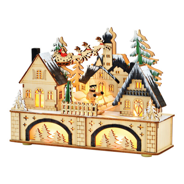 Escena de invierno con LED, funcionamiento con pilas 2xAA no incluidas, caja de pilas de doble función con temporizador, hecha de madera de colores (An/Al/Pr) 25x18x8cm