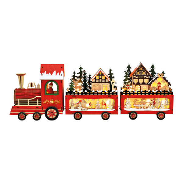 Escena de invierno Tren navideño con LED, funcionamiento con pilas 2xAA no incluidas, caja de pilas de doble función con temporizador de madera roja (An./Al./Pr.) 56x19x8cm