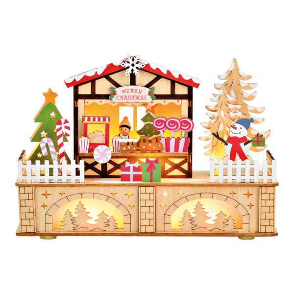 Puesto de mercado con escena invernal con LED, funcionamiento con pilas 2xAA no incluidas, caja de pilas de doble función con temporizador, fabricado en madera de colores (An/Al/Pr) 25x18x8cm