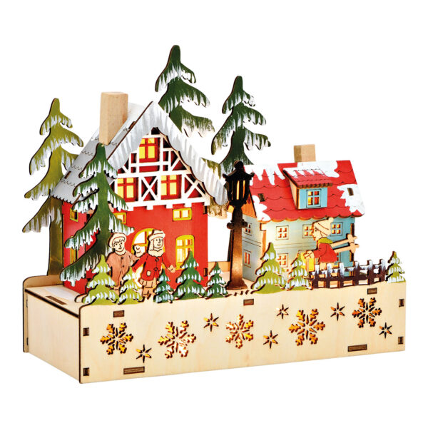 Escena de invierno con LED, funcionamiento con pilas 2xAA no incluidas, caja de pilas de doble función con temporizador de madera de colores (An/Al/Pr) 20x17x8cm