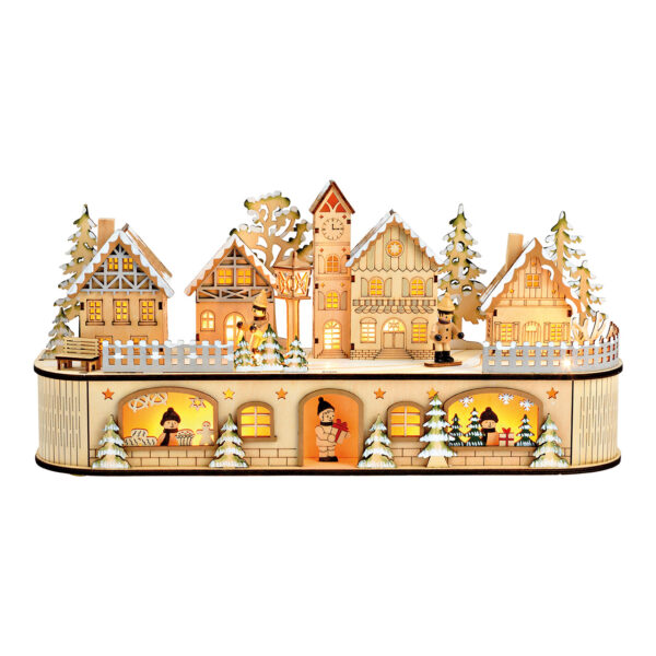 Escena de invierno con LED, funcionamiento con pilas 2xAA no incluidas, caja de pilas de doble función con temporizador de madera natural (An/Al/Pr) 45x21x12cm