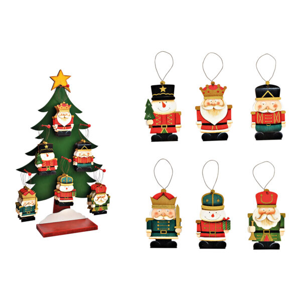 Cascanueces colgante navideño con Papá Noel, motivo de muñeco de nieve 7x12x0,5cm en soporte para árbol 34x59x12cm de madera colorido 6 surtido