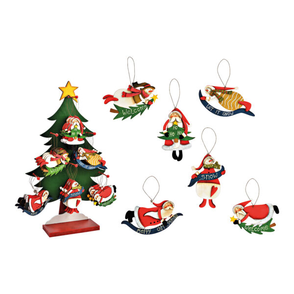 Para colgar navideña Papá Noel, muñeco de nieve 9x13x0,5cm en soporte para árbol 34x59x12cm de madera de colores 6 surtido,