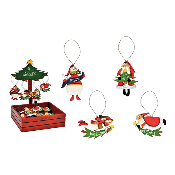 Para colgar navideña Papá Noel, muñeco de nieve 6x8x0,5cm en caja expositora de árbol 25x36x24cm de madera colorido 4 surtido