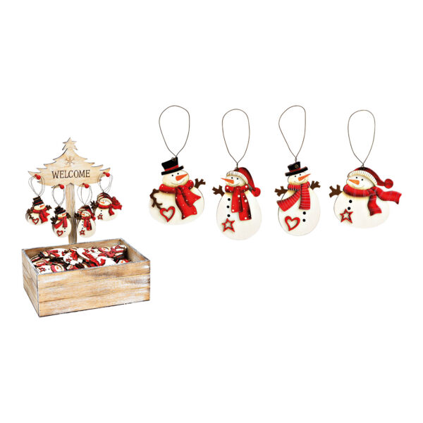 Para colgar navideña muñeco de nieve 6x8x0,5cm en caja expositora árbol 29x39x21cm de madera colorido 4 surtido