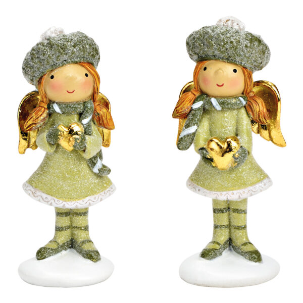 Ángel con corazón de poly verde de 2 surtido, (An./Al./Pr.) 5x11x4cm