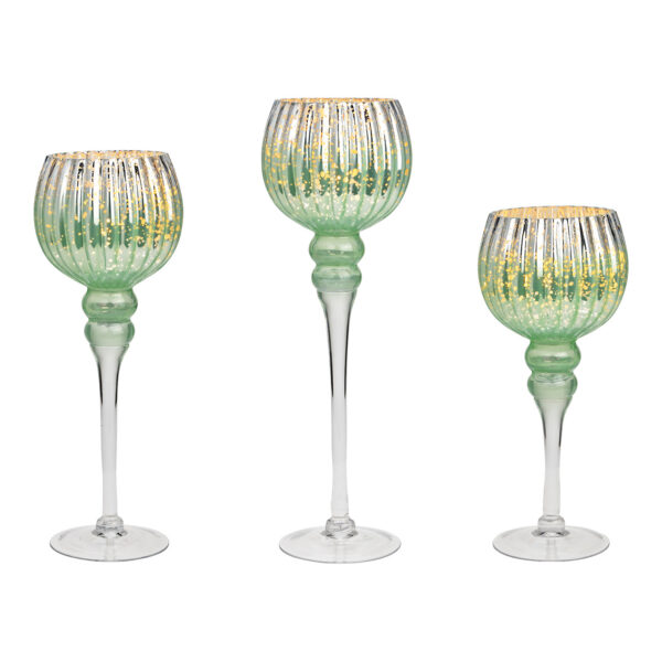 Juego de 3 velas de viento con pie de copa, de cristal color menta (alto) 30 cm, 35 cm, 40 cm x Ø13 cm