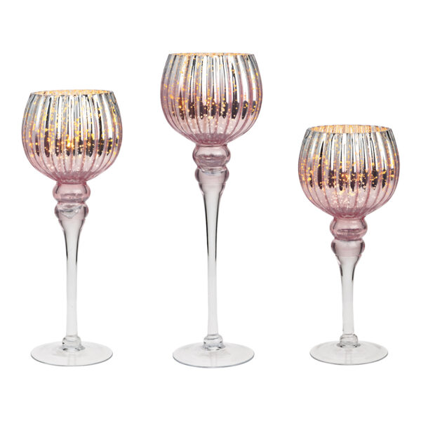 Juego de 3 velas de viento con pie en forma de copa, de cristal rosa/rosa (alto) 30,35,40cmxØ13cm