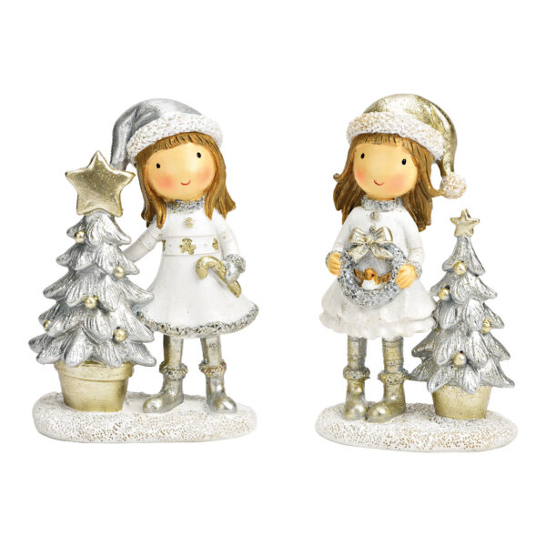 Niño de invierno con árbol de Navidad de poli oro, plata 2 surtido, (An./Al./Pr.) 8x13x4cm