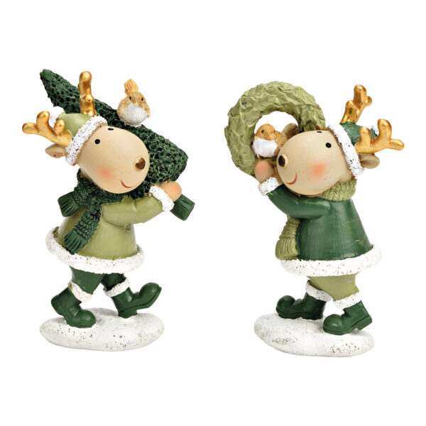 Reno con corona, árbol de Navidad de poliéster verde de 2 surtido, (An./Al./Pr.) 6x11x7cm