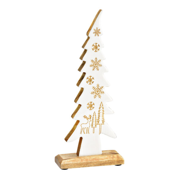 Expositor para árbol de Navidad Escena invernal de madera de mango blanco (An./Al./Pr.) 12x30x5cm