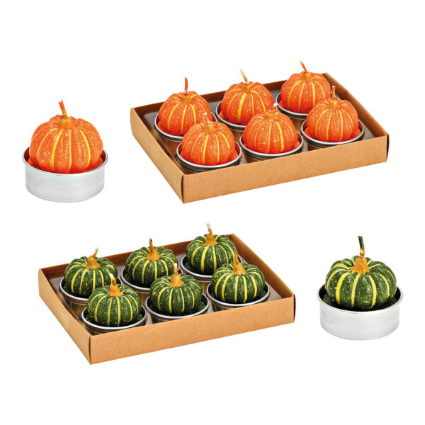 Juego de velas de té con forma de calabaza, 6 unidades, de cera naranja y verde, 2 unidades (ancho/alto/profundidad) 4 x 4 x 4 cm
