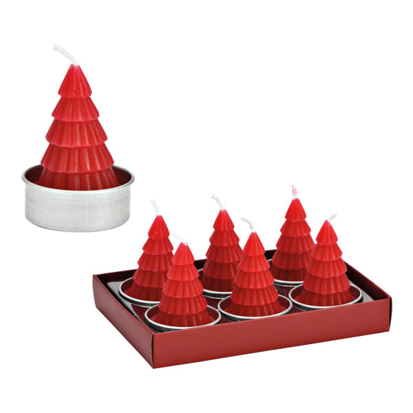 Juego de 6 velas de té con forma de árbol de Navidad, hechas de cera roja (An./Al./Pr.) 4 x 6 x 4 cm