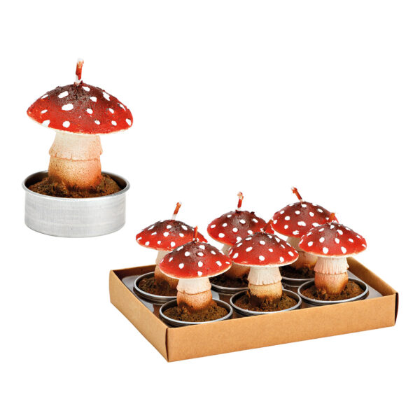 Juego de 6 velas de té con forma de hongo de la suerte, hechas de cera roja (ancho, alto y profundidad): 4 x 5 x 4 cm