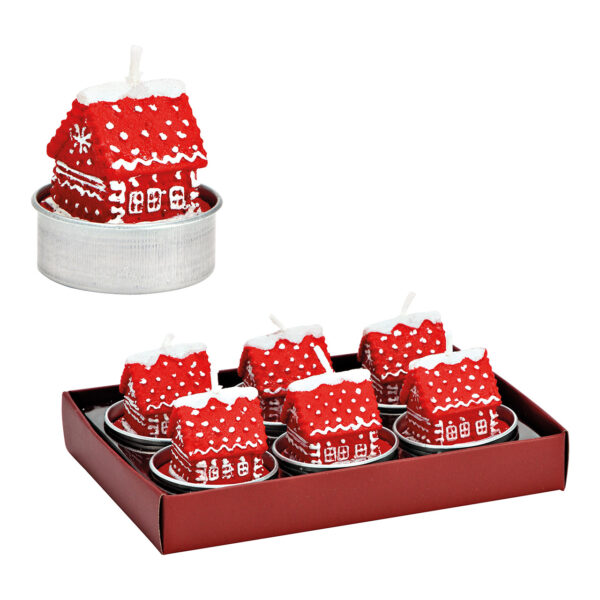 Juego de velas de té en forma de casa, 6 unidades, de cera roja (An./Al./Pr.) 4 x 4 x 4 cm