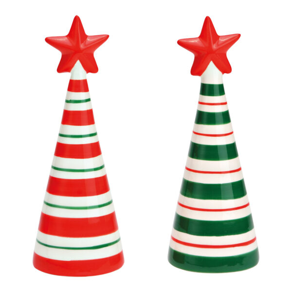 Árbol de Navidad de cerámica verde, rojo, 2 piezas, (ancho/alto/profundidad) 7 x 18 x 7 cm