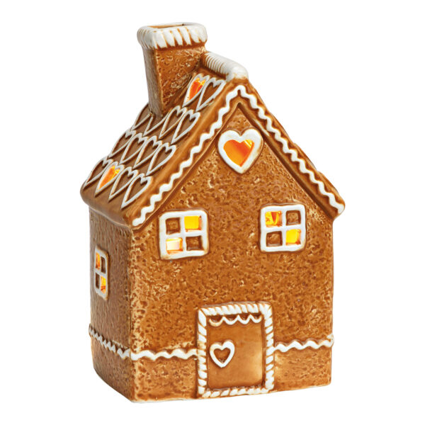 Lámpara de viento con forma de casita de jengibre de cerámica marrón (ancho x alto x profundidad) 10 x 16 x 8 cm
