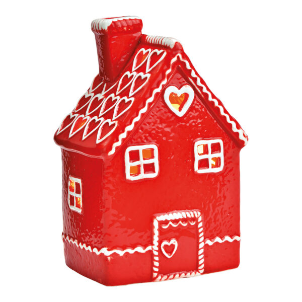 Lámpara de viento con forma de casita de jengibre de cerámica roja (ancho x alto x profundidad) 10 x 16 x 8 cm
