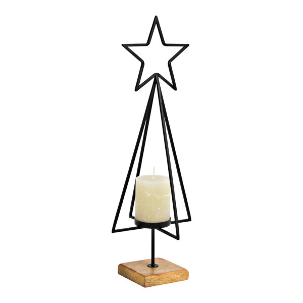 Portavelas árbol de Navidad sobre base de madera de mango fabricado en metal negro (An./Al./Pr.) 18x50x18cm