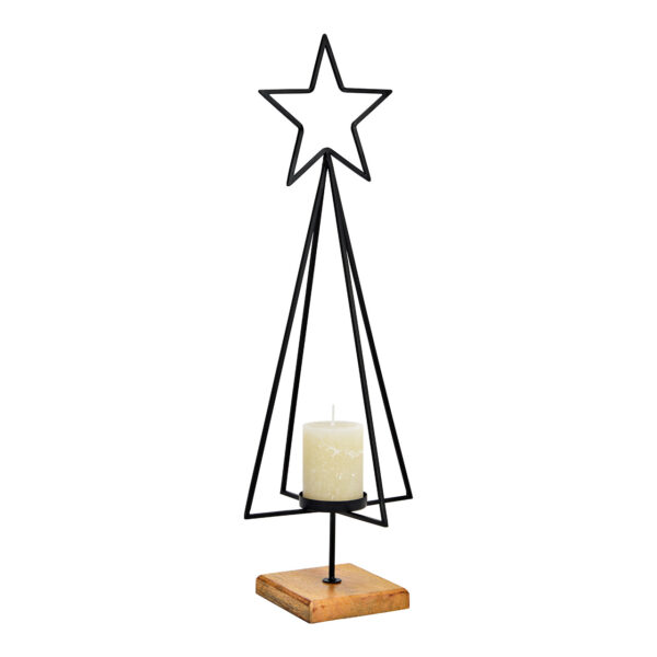Portavelas árbol de Navidad sobre base de madera de mango fabricado en metal negro (An./Al./Pr.) 20x64x20cm