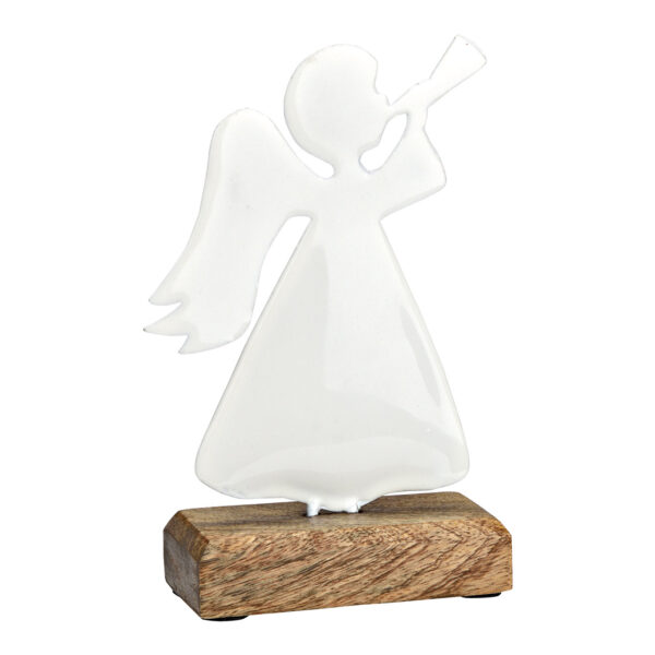 Ángel sobre base de madera de mango fabricado en metal blanco (An./Al./Pr.) 10x17x5cm