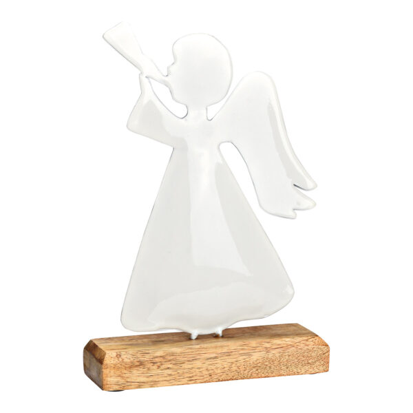 Ángel sobre base de madera de mango fabricado en metal blanco (An./Al./Pr.) 15x23x5cm