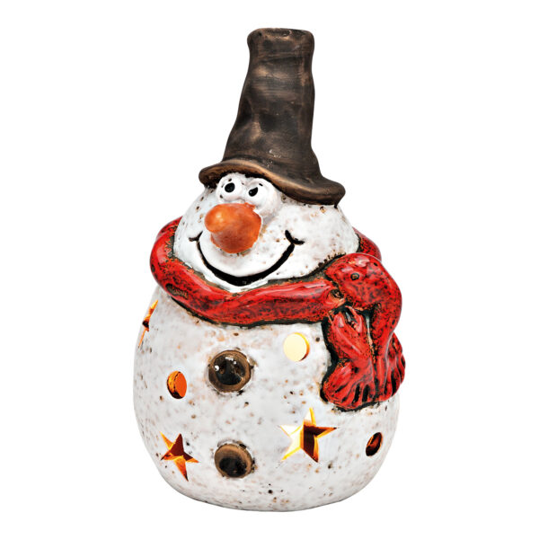 Lámpara de viento con forma de muñeco de nieve para velas de té de gres blanco (ancho x alto x profundidad) 11 x 16 x 9 cm