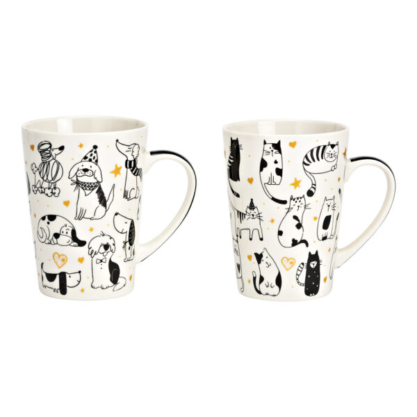Taza gigante con decoración de perro y gato de porcelana blanca, 2 compartimentos, (ancho x alto x profundidad) 13 x 13 x 9 cm, 520 ml