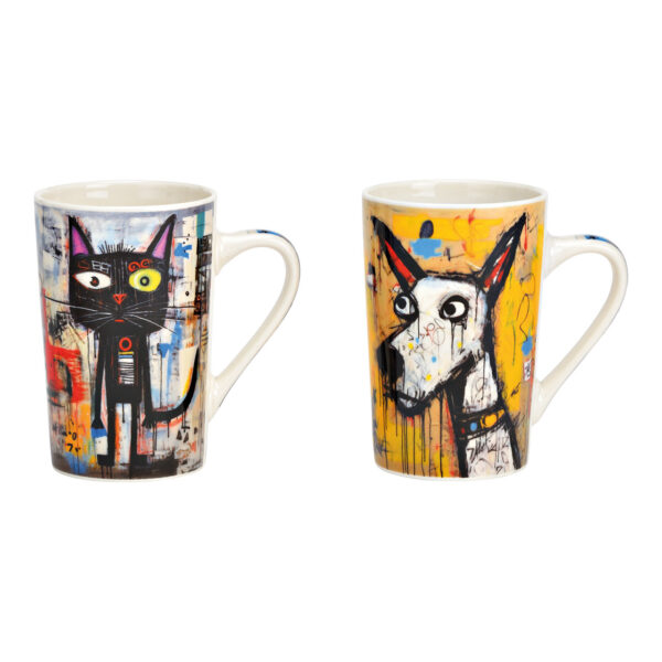 Taza de porcelana con motivo de perro y gato, multicolor, 2 compartimentos, (ancho x alto x fondo) 12 x 12 x 8 cm, 385 ml