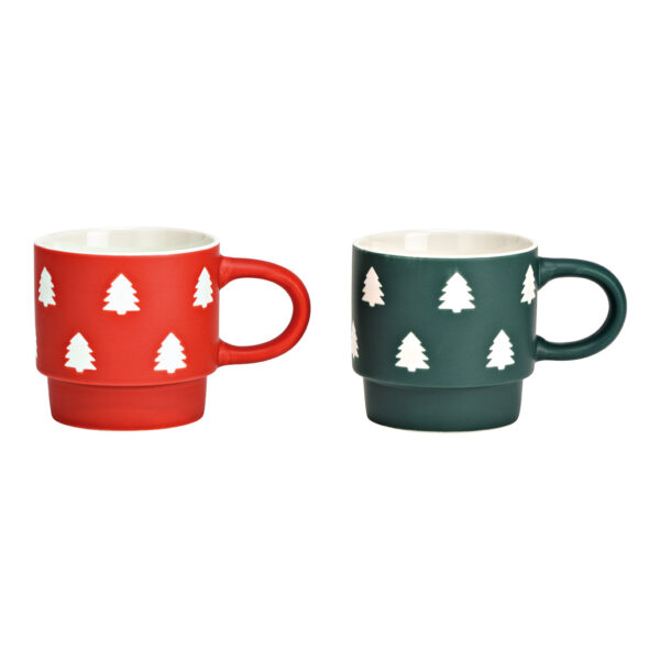 Taza de porcelana con decoración de árbol de Navidad, verde y rojo, 2 compartimentos, (ancho x alto x fondo) 14 x 9 x 9 cm, 300 ml