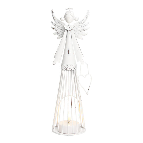 Lámpara de viento ángel con corazón de metal blanco (An./Al./Pr.) 12x33x9cm