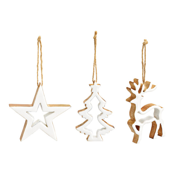 Para colgar ciervo, estrella, árbol de Navidad de madera de mango blanco 3 piezas, (An./Al./Pr.) 10x10x2cm