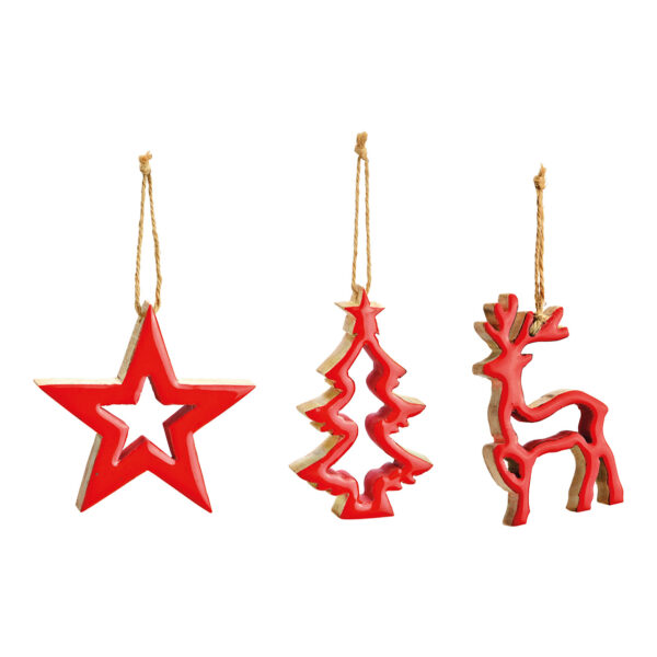 Para colgar de ciervo, estrella para árbol de Navidad de madera de mango roja, 3 compartimentos, (ancho/alto/profundidad) 10 x 10 x 2 cm