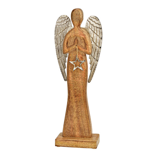 Ángel de pie con estrella fabricado en madera de mango natural (An./Al./Pr.) 13x43x7cm