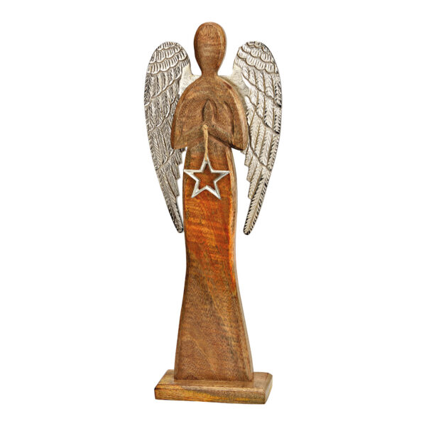 Ángel de pie con estrella fabricado en madera de mango natural (An./Al./Pr.) 16x54x8cm