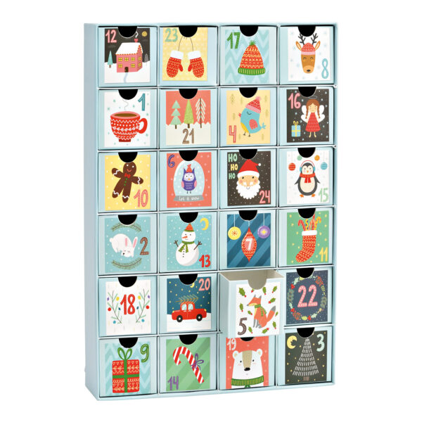 Calendario de adviento con 24 cajas de 6x6x6cm de papel/cartón azul (An/Al/Pr) 26x39x6cm