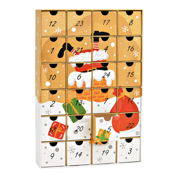 Calendario de adviento con 24 cajas de 6x6x6cm de papel/cartón marrón (An/Al/Pr) 26x39x6cm