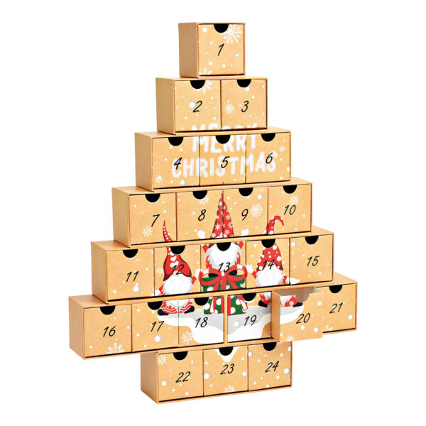 Calendario de adviento Árbol de Navidad con gnomos 24 cajas 6x6x6cm de papel/cartón marrón (An/Al/Pr) 38x48x6cm