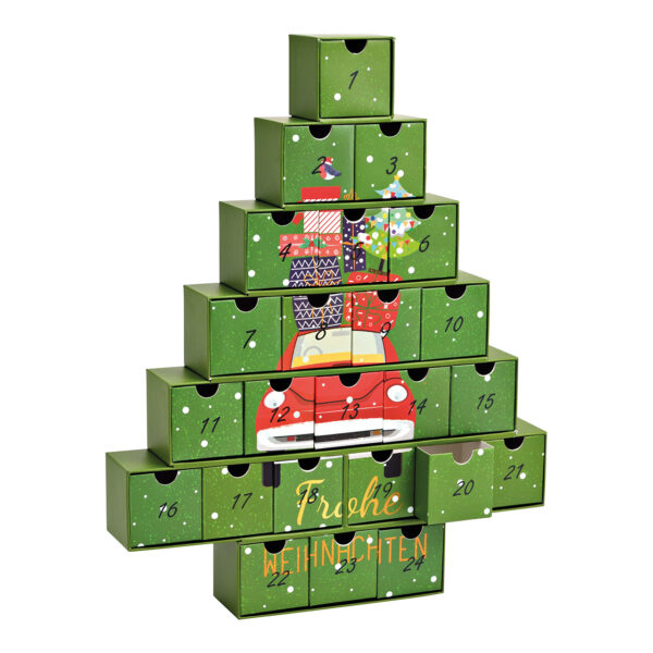 Calendario de adviento árbol de Navidad con coche 24 cajas 6x6x6cm de papel/cartón verde (An/Al/Pr) 38x48x6cm