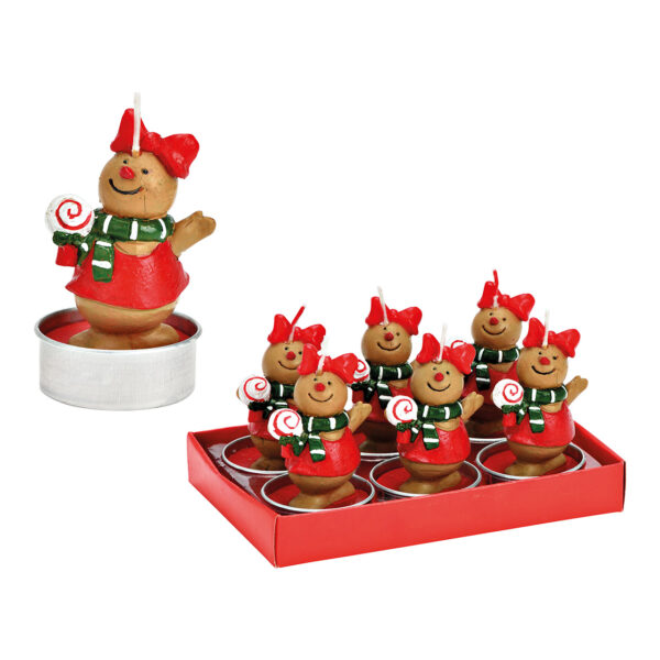 Juego de velas de té con forma de pan de jengibre y piruleta, 4 x 7 x 4 cm, juego de 6 unidades, fabricado en cera roja (ancho x alto x profundidad) 14 x 8 x 9 cm