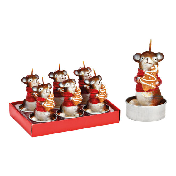 Juego de velas de té Ratón de invierno con árbol de jengibre 4x7x4cm Juego de 6, fabricado en cera roja (An./Al./Pr.) 14x8x9cm
